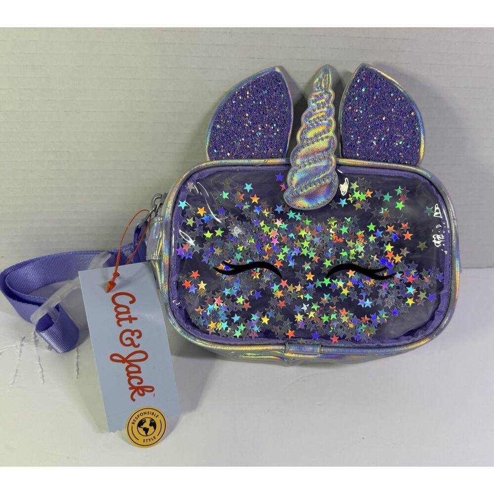 Cat & Jack Girls Purple Unicorn Fanny Pack Clear Starry Glitter Belt Bag